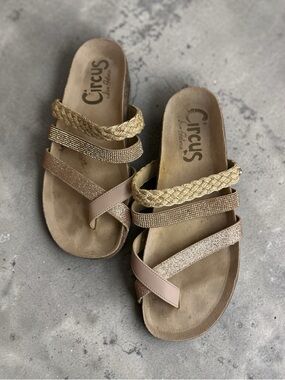 Circus by Sam Edelman Tan and Gold Braided Multi-Strap Slide Sandals